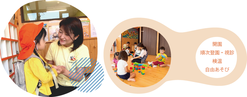 開園、順次登園・視診、検温、自由あそび